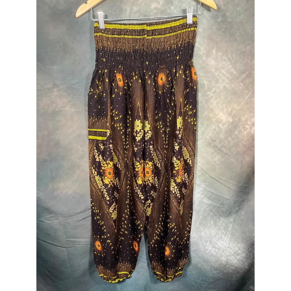 Bangkok Pants Womens One Size Harem Pants Black Green Floral Smocked Yoga Boho